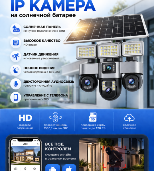 Солнечная IP камера V380 Smart Net Camera с прожектором и панелью