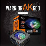 Aigo Warrior AK600 600 Вт ATX блок питания, Active PFC, RGB‑вентилятор 120 мм, защита OVP/UVP/SCP, 24‑pin + 2× PCIe 6+2