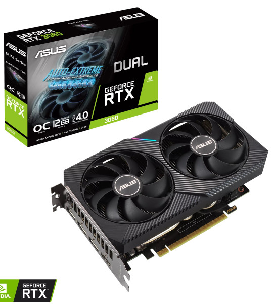 ASUS Dual GeForce RTX 3060 OC Edition 12 ГБ GDDR6 — 2× Axial‑tech вентиляторы, PCIe 4.0, HDMI 2.1, DisplayPort 1.4a
