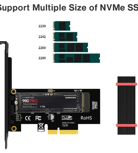 Адаптер JEYI M.2 PCIe 4.0 x4, скорость до 64 Гбит/с, с радиатором, поддержка M.2 2230/2242/2260/2280.