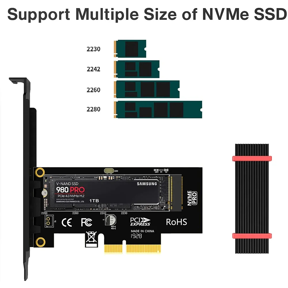 Адаптер JEYI M.2 PCIe 4.0 x4, скорость до 64 Гбит/с, с радиатором, поддержка M.2 2230/2242/2260/2280.