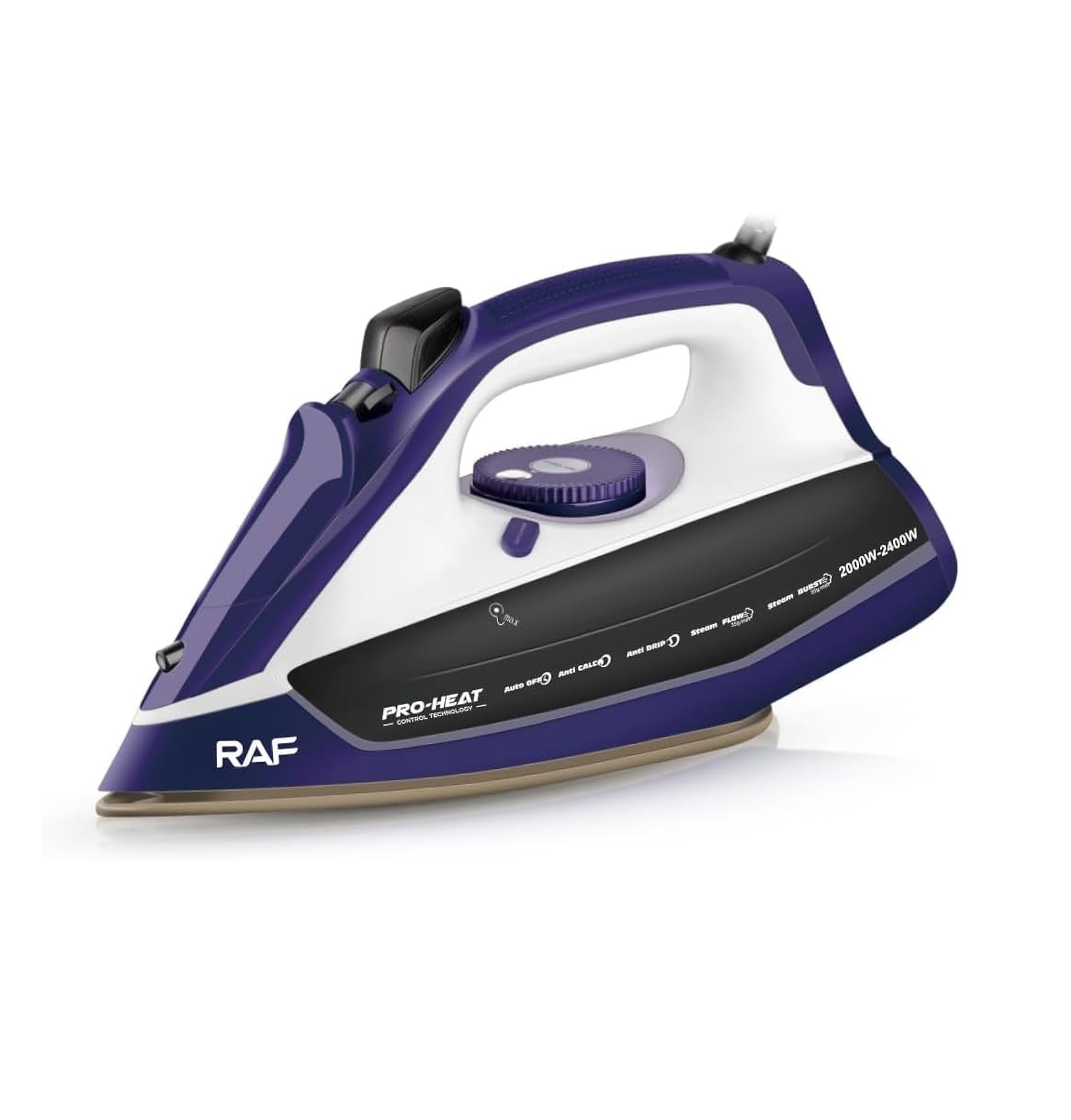 Паровой утюг RAF R.1224P — 2400 Вт, тефлоновая платформа, вертикальное отпаривание, антипригарное покрытие