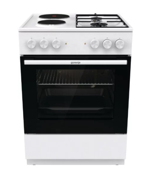 Комбинированная плита Gorenje GK6A10WG, 65 л, белая – 4 конфорки (2 газ + 2 электро), электрическая духовка