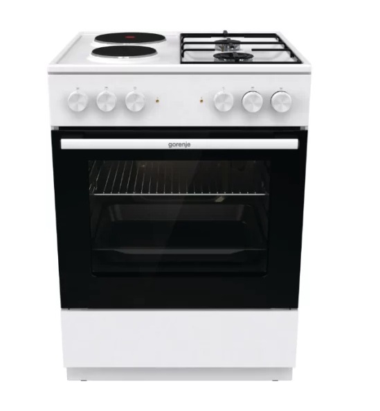 Комбинированная плита Gorenje GK6A10WG, 65 л, белая – 4 конфорки (2 газ + 2 электро), электрическая духовка